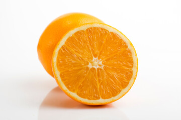 Orange fruits, halves and slices isolated on white background, clipping path, collection. Sweet orange