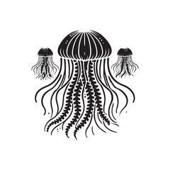 Black Color Jellyfish silhouette design Vector Illustration, Solid White Background (9).eps
