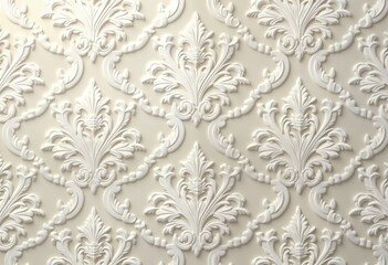 Ornate white damask pattern on light beige background. Elegant vintage design. Classic, luxurious look. Embossed floral pattern. Perfect for wallpaper fabric decor. High resolution digital