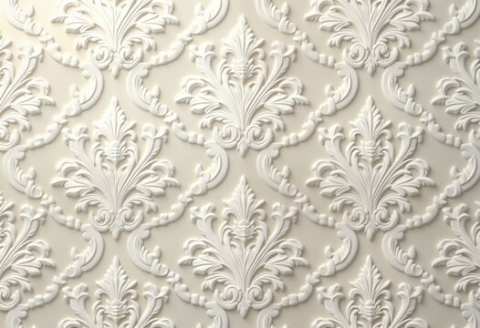 Fototapeta Ornate white damask pattern on light beige background. Elegant vintage design. Classic, luxurious look. Embossed floral pattern. Perfect for wallpaper fabric decor. High resolution digital