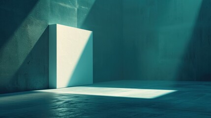 A modern exhibition space features a blank presswall and concrete flooring, perfect for branding in a sleek, dark ambiance.