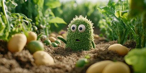 Green Fuzzy Creature Amidst Potatoes and Plants