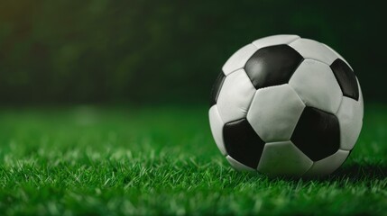 Obraz premium A vibrant soccer ball rests on lush green grass, showcasing the spirit of the game under the stadiums bright lights.