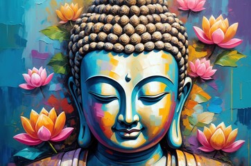 Colorful Buddha statue portrait vintage painting with flower decoration, culture and religion theme concept illustration texture design.
