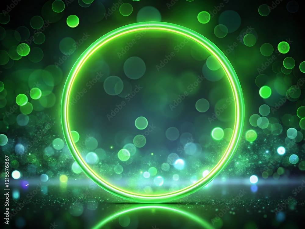 Poster Vertical Green Neon Circle Frame Background with Bokeh Lights - Abstract Stock Photo