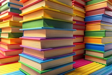 Vibrant 3D Colored Books Stacked on Shelf, Rule of Thirds Composition