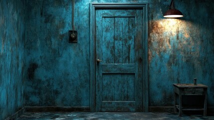 Abandoned room, door, teal walls, lamp, mystery