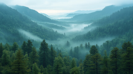 Fototapeta premium Forested Mountain Valley with Fog