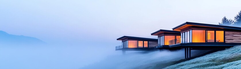 Fototapeta premium Sustainable cabins on a misty hillside, blending into the natural scenery