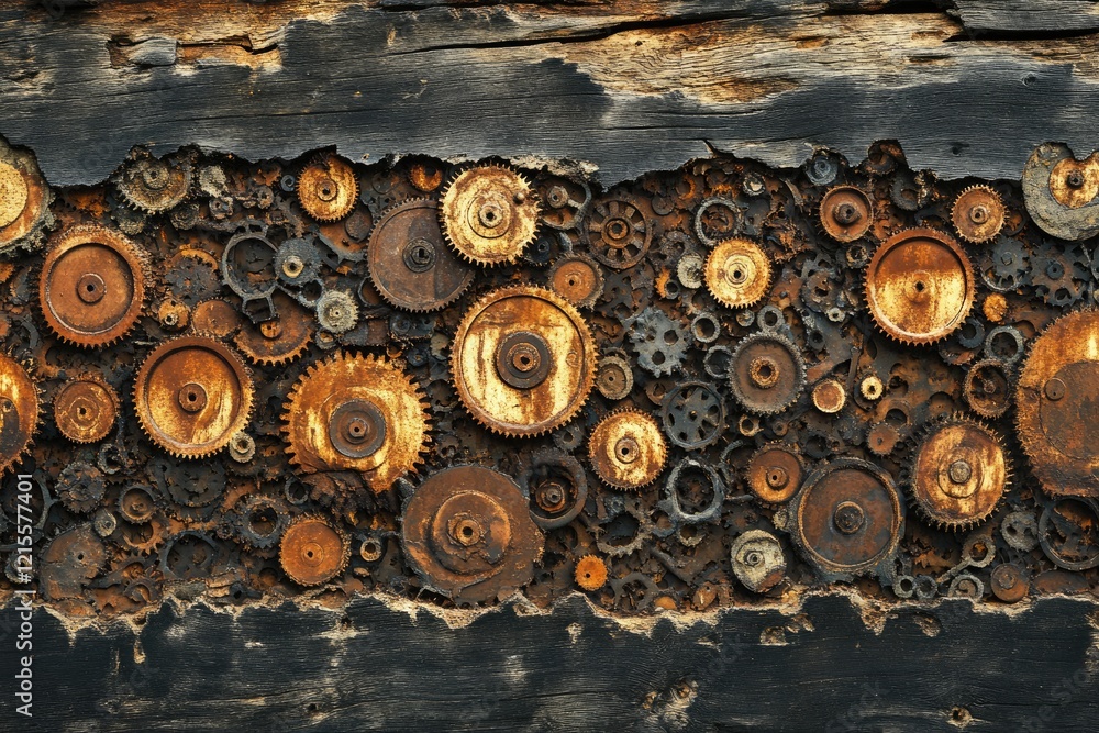 Poster rusty gears and cogs embedded in a weathered, dark wooden surface.
