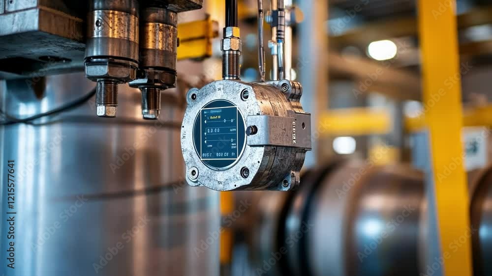 Poster close up of a smart sensor attached to industrial machinery, collecting data and monitoring performa