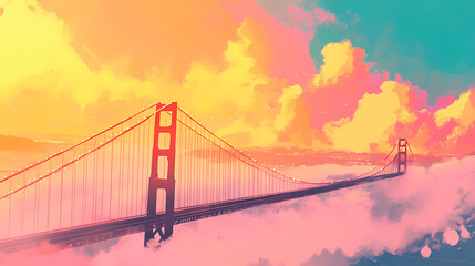 Fototapeta premium Golden gate bridge in san francisco, california, with fog and a colorful sky. Golden Horizon. Illustration