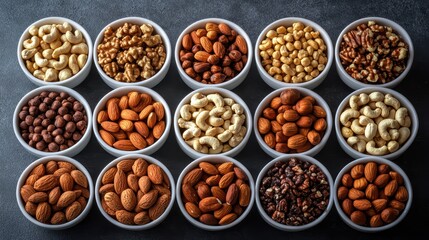Obraz premium Variety of nuts and seeds in small bowls on rustic white background healthy snack options