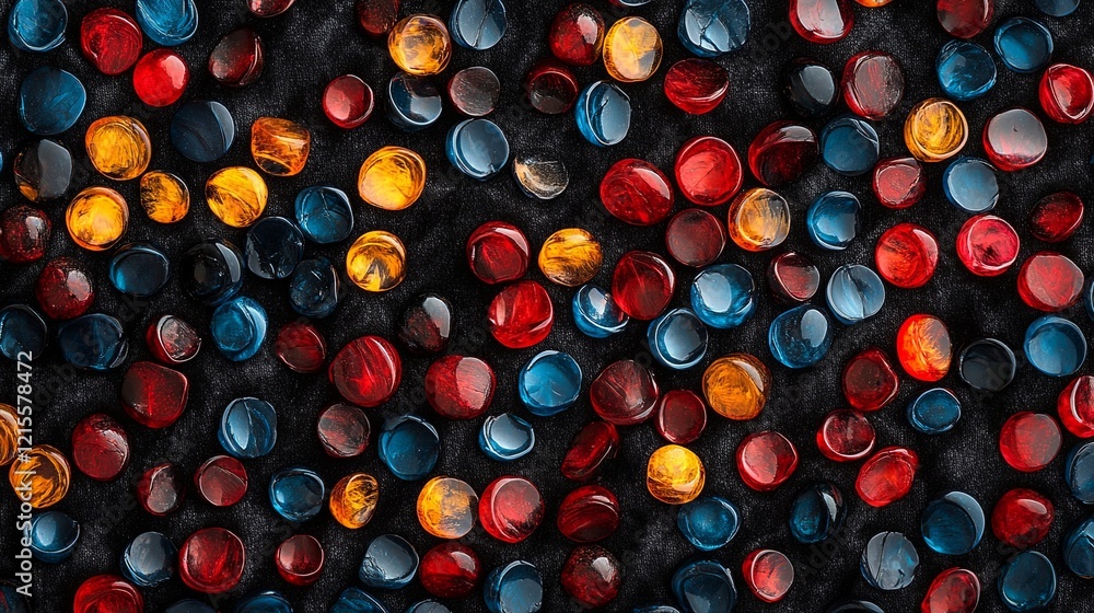 Poster colorful collection of glossy beads arranged artistically on a textured black surface creating a vib
