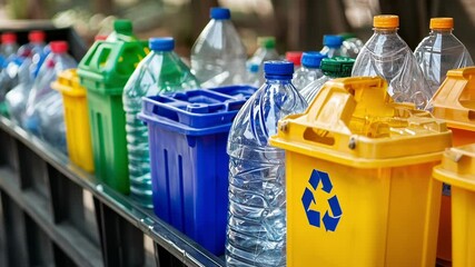 Colorful recycling bins overflowing with plastic bottles highlight the critical need for effective waste sorting and promote responsible practices for protecting the environment - Powered by Adobe