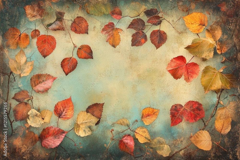 Poster autumn leaves arranged on a textured background, creating a beautiful fall composition.