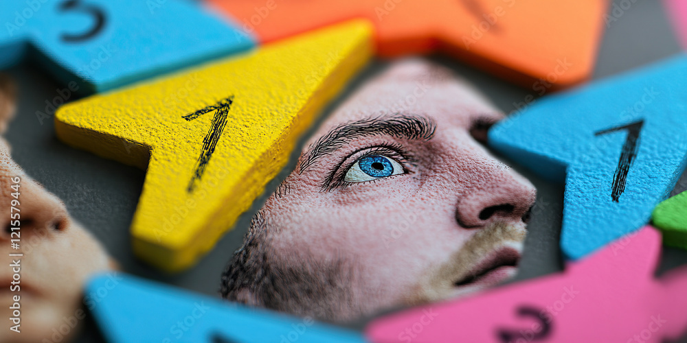 Poster man's face partially obscured by numbered arrows