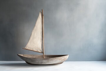 A weathered wooden sailboat model with a white sail, rests on a white surface against a gray wall.