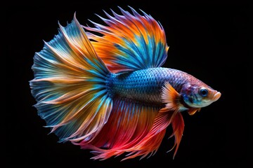 Fototapeta premium Vibrant Crown Tail Siamese Fighting Fish, Multicolored Betta, Long Exposure, Black Background