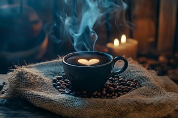 A romantic scene featuring a steaming cup of coffee with heart-shaped smoke, surrounded by coffee beans on a burlap sack, set against an old wooden backdrop to enhance the warmth.
