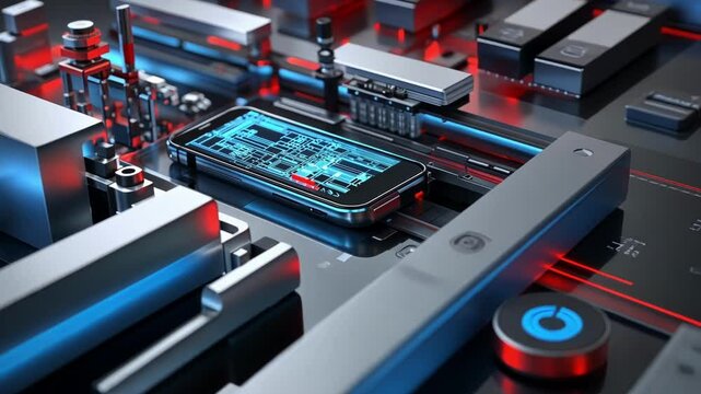 Futuristic smartphone featuring a glowing pcb, being assembled in a high tech automated factory, highlights advanced manufacturing and innovative design in consumer electronics