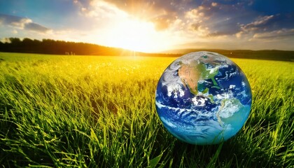 Climate Change, a globe revealed by a drop of water lies in  green gras