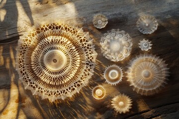 Intricate circular patterns of jellyfish medusas, illuminated by sunlight on a wooden surface.