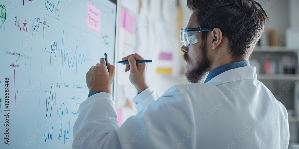 Poster scientist writing on whiteboard with data graphs
