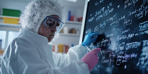 Scientist Writing Equations on Chalkboard in Laboratory