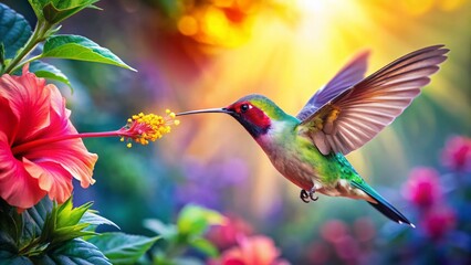 Naklejka premium Vibrant Hummingbird Double Exposure: Hibiscus Garden Flight