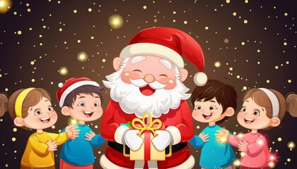 Santa Claus holding a gift with four happy children standing around him on a snowy background.