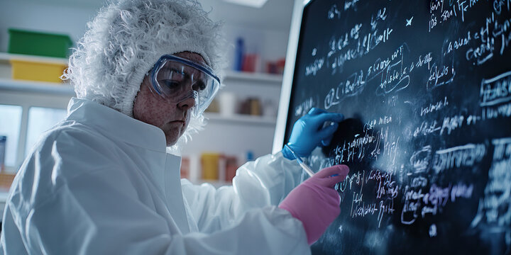 Scientist Writing Equations on Chalkboard in Laboratory