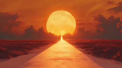A journey to success depicted by a long road with a golden horizon ahead. Golden Horizon. Illustration