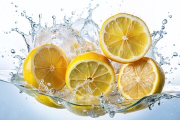 Vibrant Lemon Slices with Refreshing Water Splash - Isolated on White Background