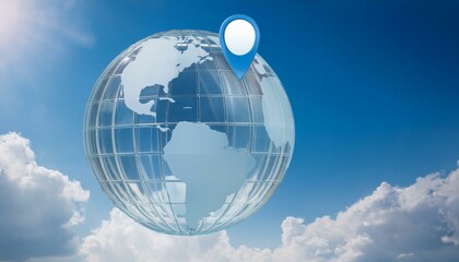 Fototapeta premium 밝은 하늘을 배경으로 떠 있는 반투명 지구본에, 하나의 위치만 파란 핀으로 표시된 장면