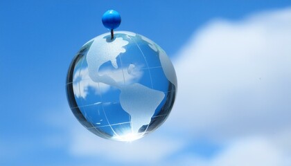 밝은 하늘을 배경으로 떠 있는 반투명 지구본에, 하나의 위치만 파란 핀으로 표시된 장면