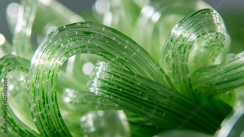 Poster fiber optics strands are intertwining, creating a mesmerizing green abstract wave pattern, suggestin