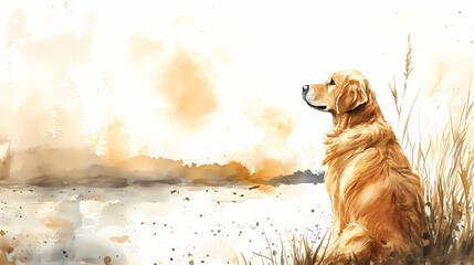 A serene watercolor sketch of a golden retriever gazing thoughtfully towards the horizon on a calm afternoon, capturing the gentle grace and warmth of this beloved breed. Golden Horizon. Illustration