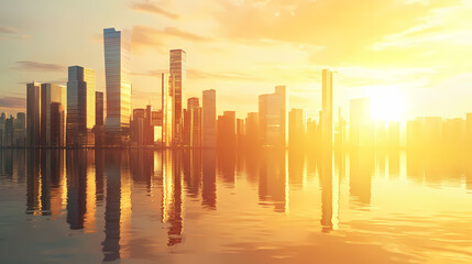 Fototapeta premium City waterfront with bright golden hour sunlight reflecting off modern skyscraper facades. Golden Horizon. Illustration