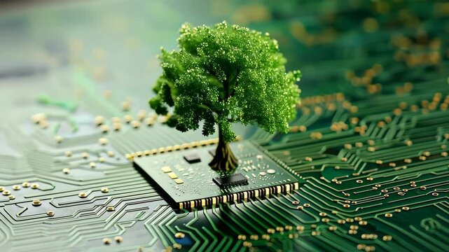 Green computing depicted as a tree sprouting at the convergence of a computer circuit board, Ai Generated