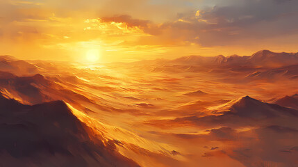 Fototapeta premium Gentle waves of golden sand stretch across the expansive desert, illuminated by the warm glow of the setting sun, creating mesmerizing textures and patterns. Golden Horizon. Illustration
