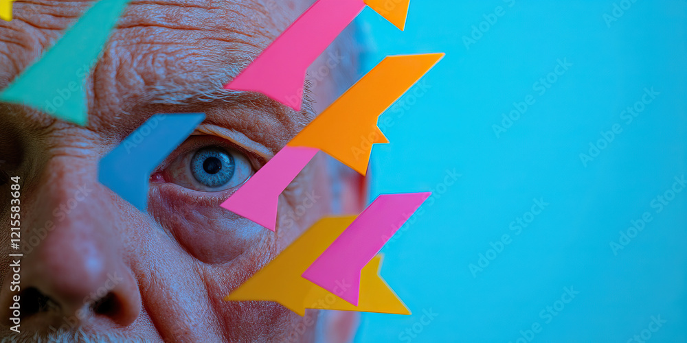 Poster close-up of senior's face partially obscured by multicolored arrows