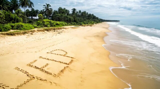 Uninhabited tropical island with word help in deserted sand beach, concept of sos, lost and shipwreck. 