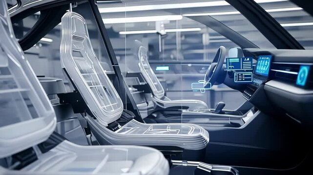 Futuristic car seats made of transparent material moving along an assembly line in a contemporary automobile factory with digital interface showing production data