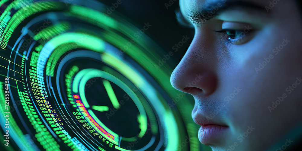 Aufkleber person viewing digital circular display with clock