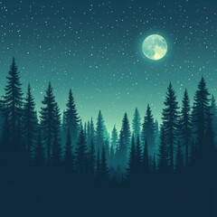 Fototapeta premium Modern artwork of a deep, wooded coniferous forest against a backdrop of stars at night