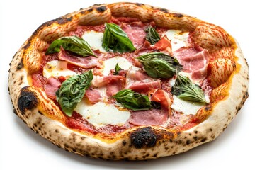 A delicious pizza topped with mozzarella, ham, and fresh basil leaves.