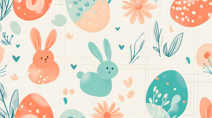 Easter-themed geometric composition with pastel-colored decorated eggs and daisies on a modern abstract background.