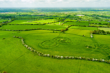 Aerial view of the Hill of Tara, an archaeological complex, containing a number of ancient monuments, County Meath, Ireland