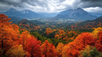Autumnal mountain vista, vibrant foliage, valley view, travel poster